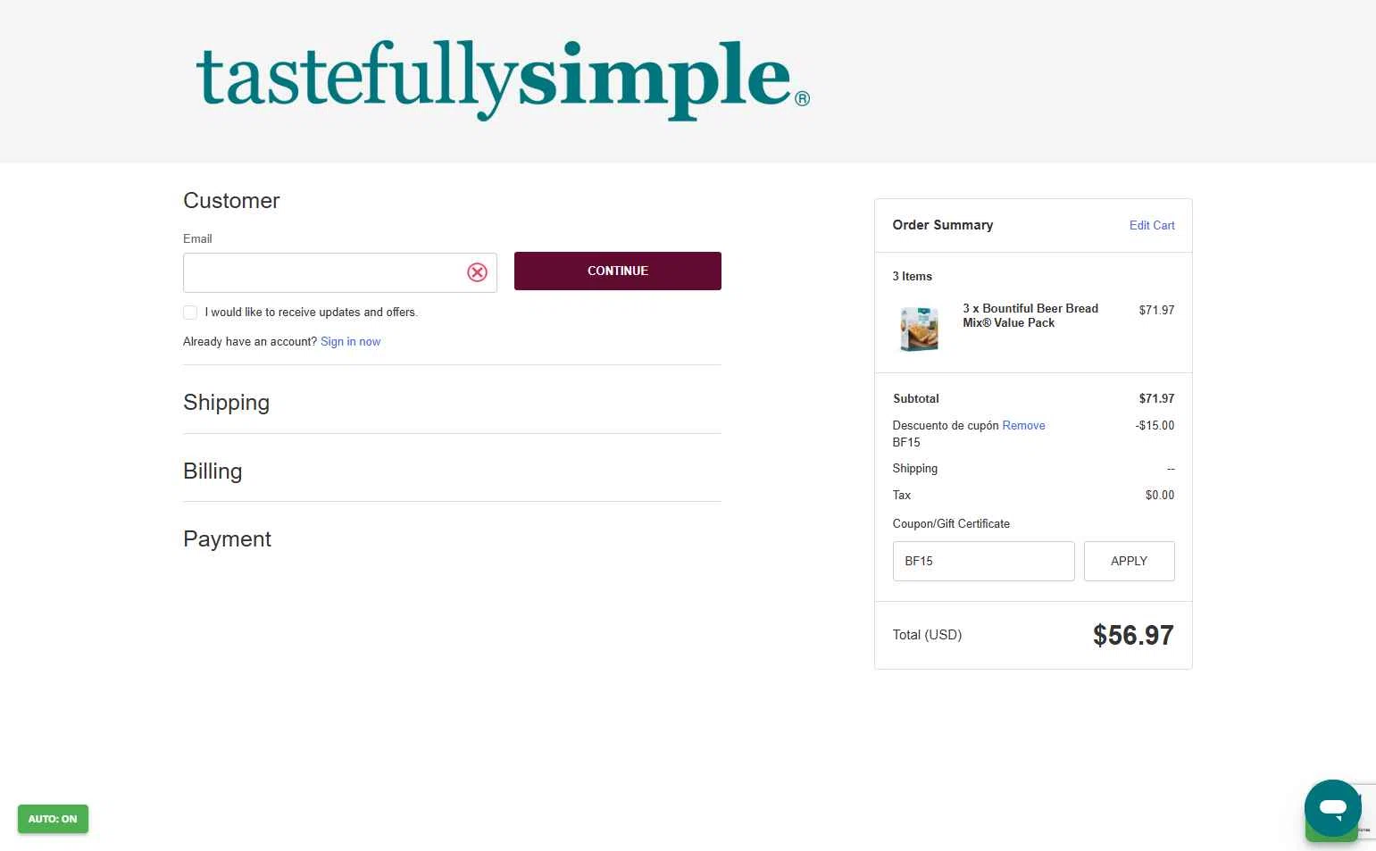 Tastefully Simple checkout page showing Tastefully Simple promo code box | Screenshot taken by SimplyCodes community member on Dec 1, 2025
