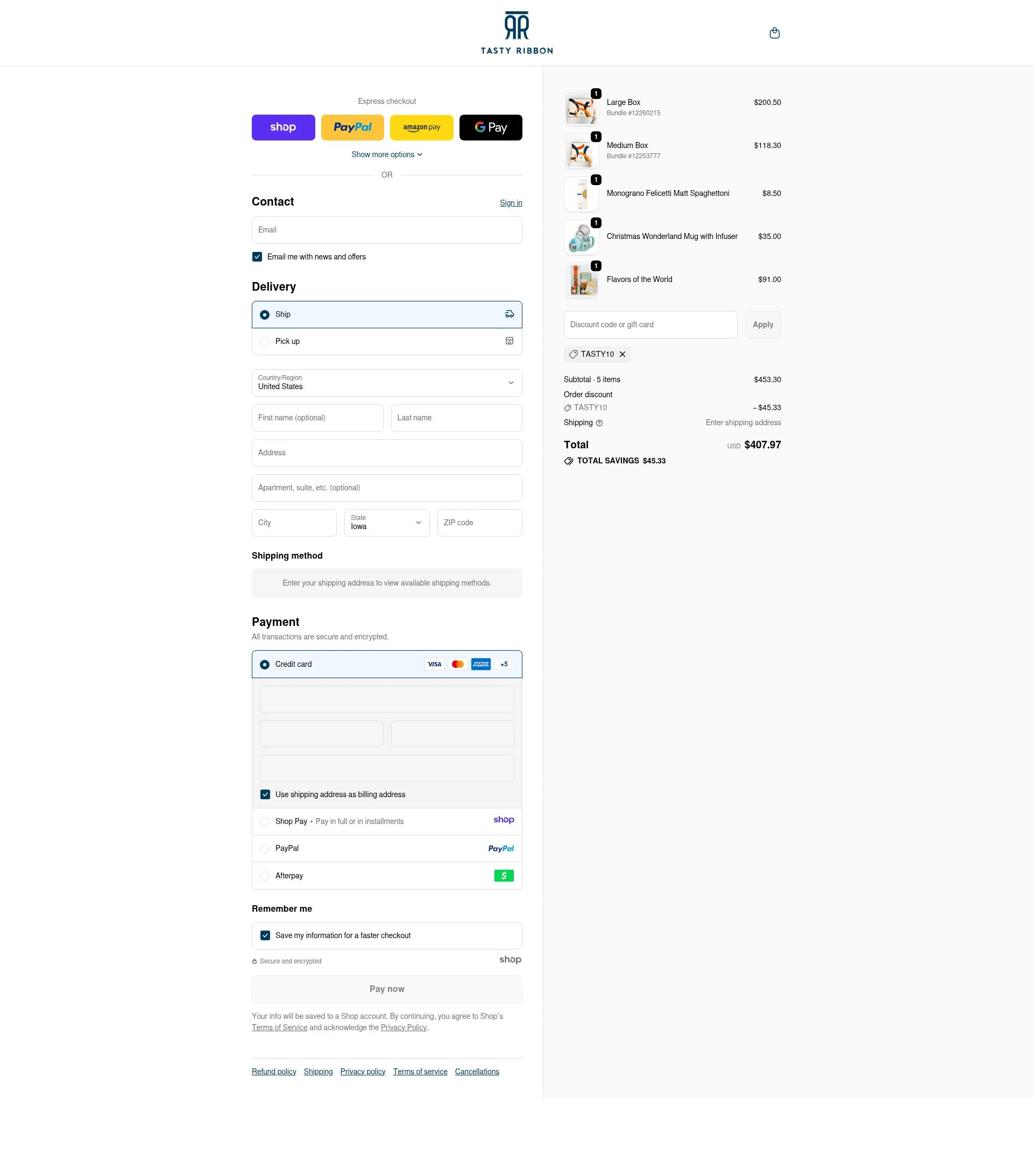 Tasty Ribbon checkout page showing Tasty Ribbon discount code box | Screenshot taken by SimplyCodes community member on Jan 2, 2026