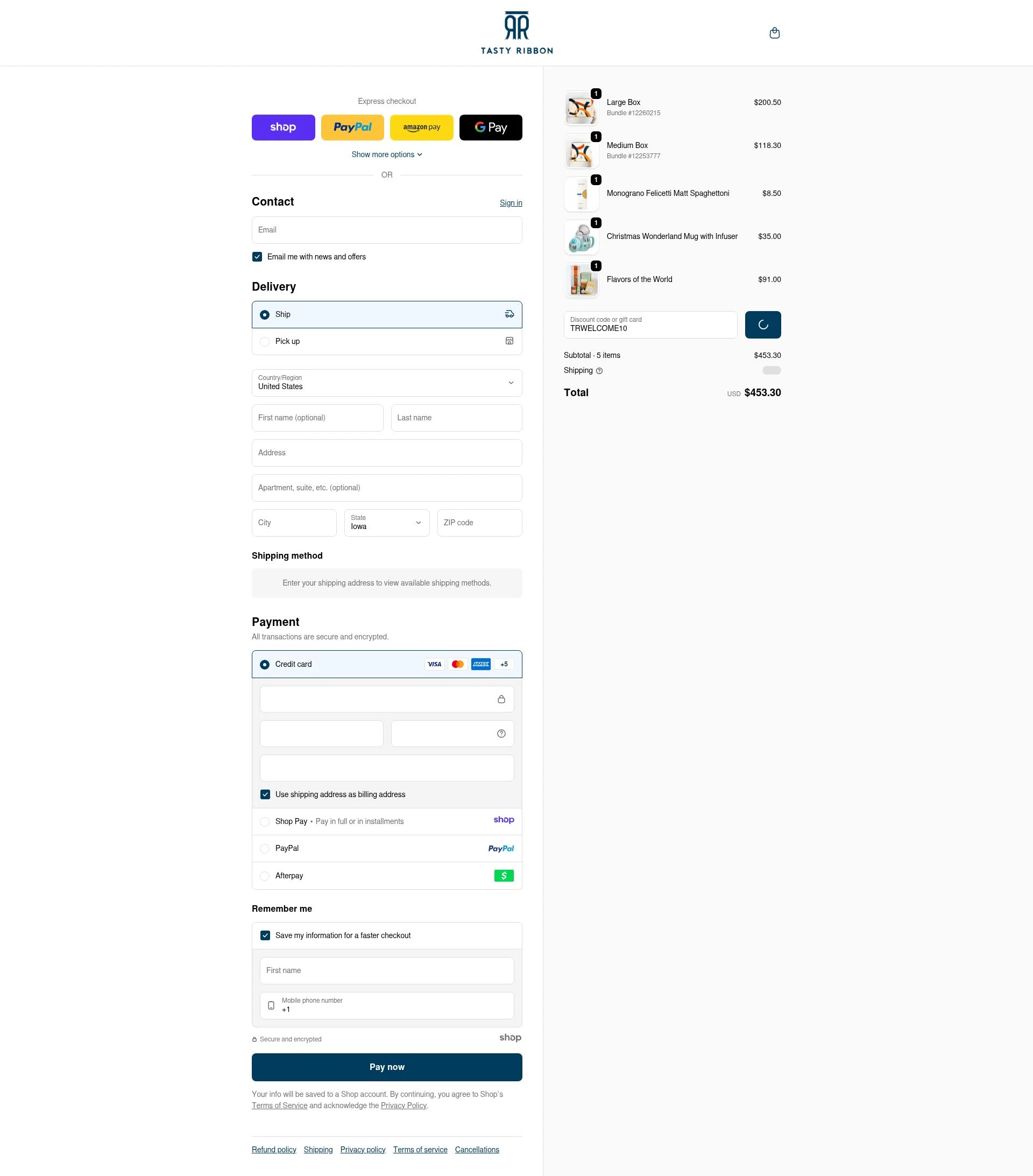 Tasty Ribbon checkout page showing Tasty Ribbon discount code box | Screenshot taken by SimplyCodes community member on Jan 7, 2026