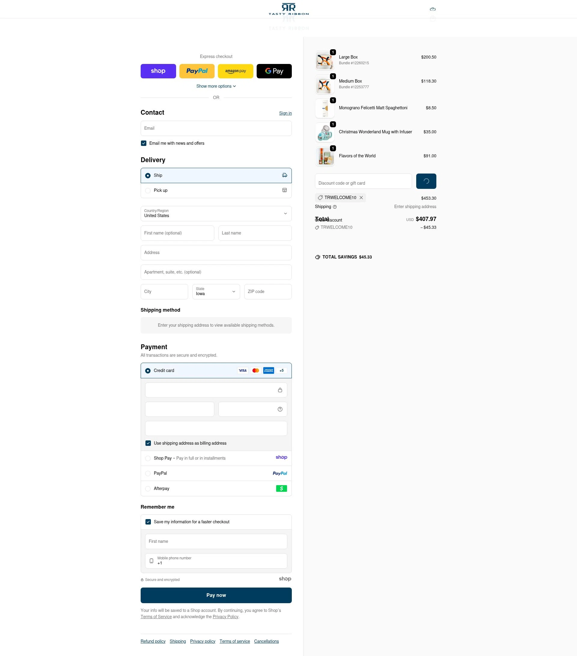 Tasty Ribbon checkout page showing Tasty Ribbon discount code box | Screenshot taken by SimplyCodes community member on Jan 2, 2026