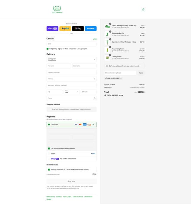 Tata Harper checkout page showing Tata Harper discount code box | Screenshot taken by SimplyCodes community member on Aug 13, 2025