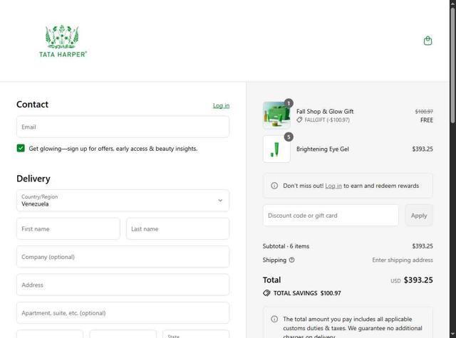 Tata Harper checkout page showing Tata Harper discount code box | Screenshot taken by SimplyCodes community member on Sep 8, 2025