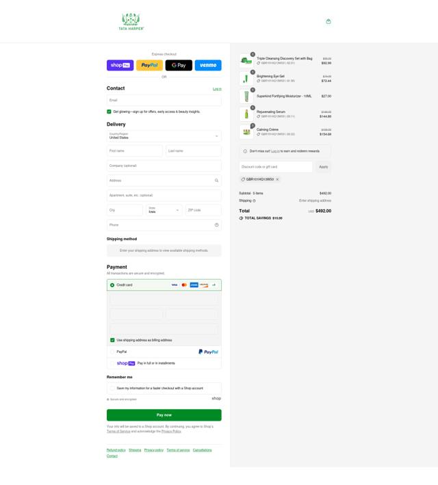 Tata Harper checkout page showing Tata Harper discount code box | Screenshot taken by SimplyCodes community member on Aug 9, 2025