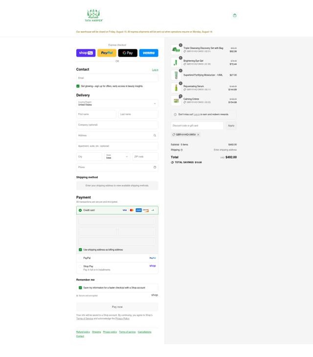 Tata Harper checkout page showing Tata Harper discount code box | Screenshot taken by SimplyCodes community member on Aug 17, 2025