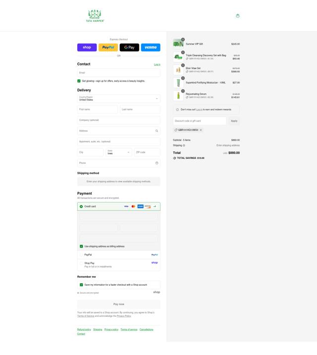 Tata Harper checkout page showing Tata Harper discount code box | Screenshot taken by SimplyCodes community member on Sep 4, 2025