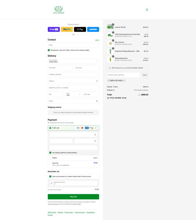Tata Harper checkout page showing Tata Harper discount code box | Screenshot taken by SimplyCodes community member on Aug 23, 2025