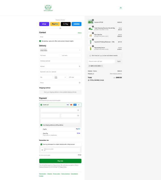 Tata Harper checkout page showing Tata Harper discount code box | Screenshot taken by SimplyCodes community member on Sep 12, 2025