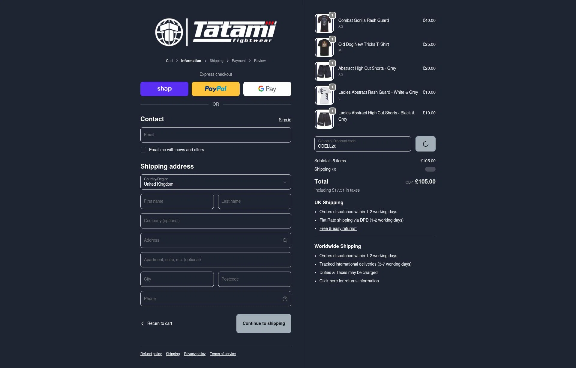 Tatami Fightwear checkout page showing Tatami Fightwear discount code box | Screenshot taken by SimplyCodes community member on Feb 17, 2026