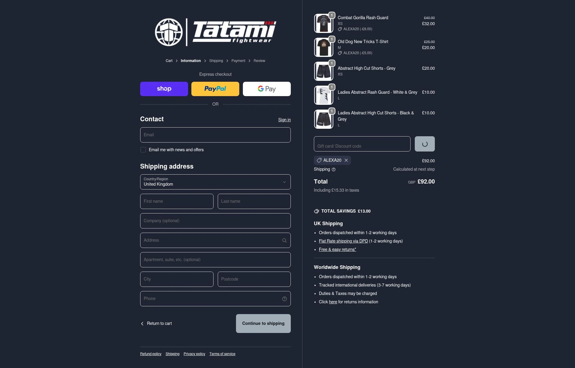 Tatami Fightwear checkout page showing Tatami Fightwear discount code box | Screenshot taken by SimplyCodes community member on Feb 17, 2026