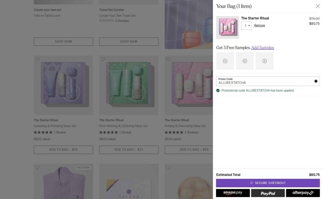 Tatcha checkout page showing Tatcha promo code box | Screenshot taken by SimplyCodes community member on Aug 30, 2025