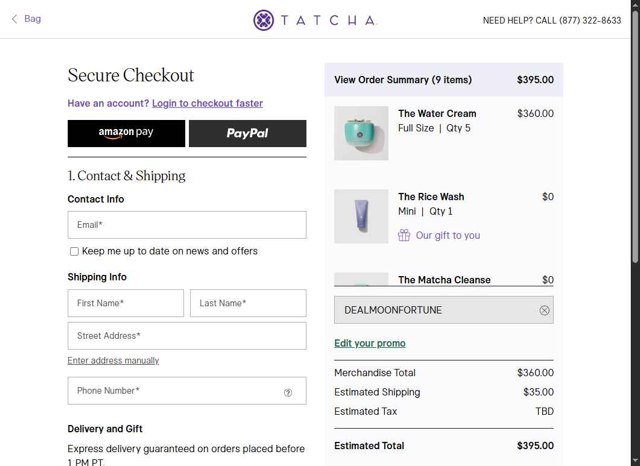 Tatcha checkout page showing Tatcha promo code box | Screenshot taken by SimplyCodes community member on Aug 11, 2025