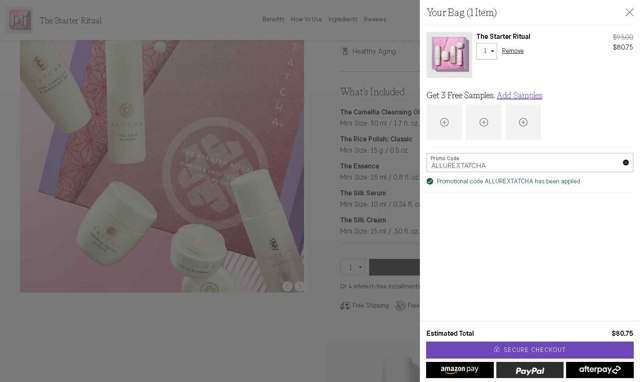 Tatcha checkout page showing Tatcha promo code box | Screenshot taken by SimplyCodes community member on Aug 19, 2025