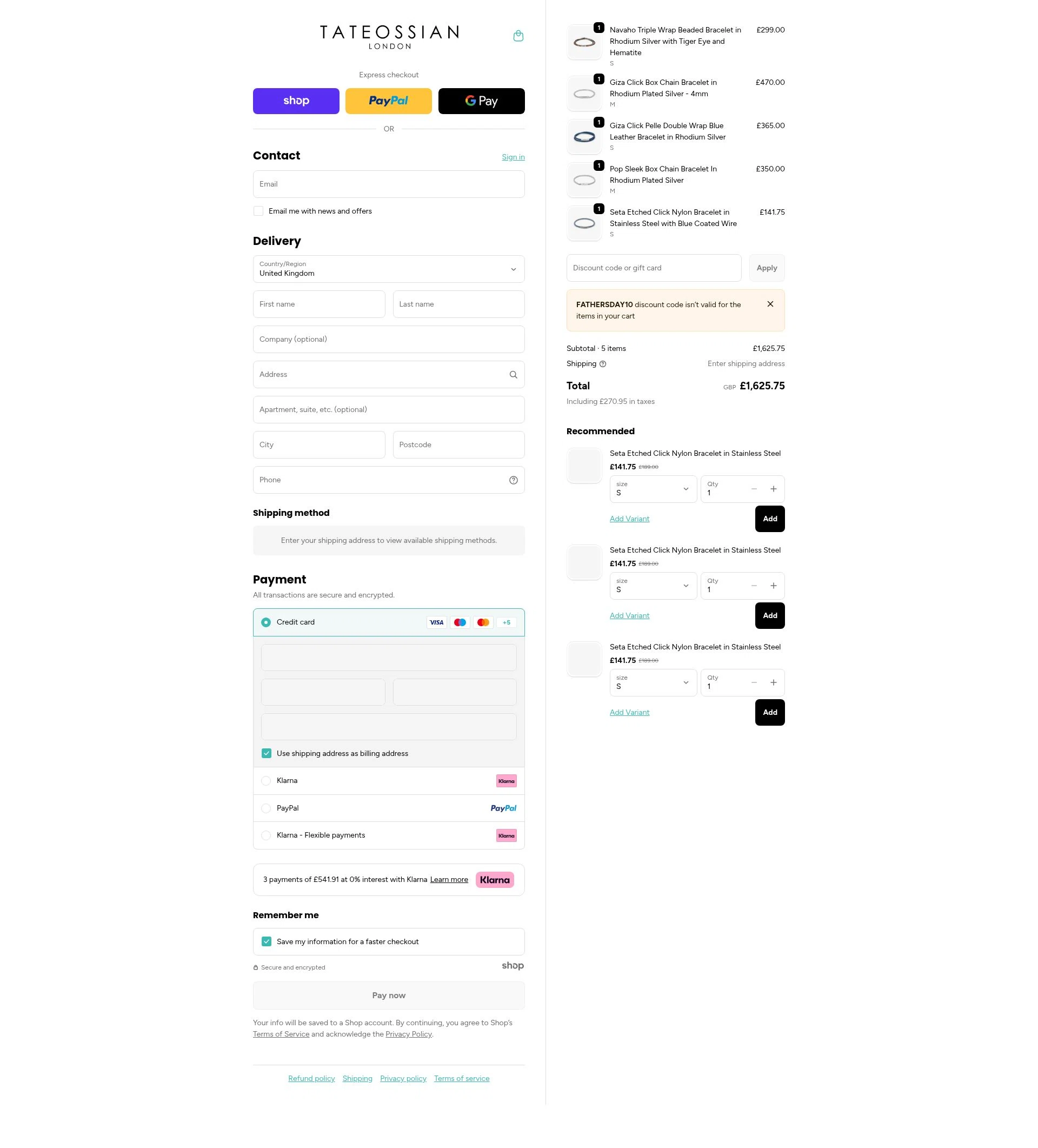 Tateossian London checkout page showing Tateossian London promo code box | Screenshot taken by SimplyCodes community member on Dec 24, 2025