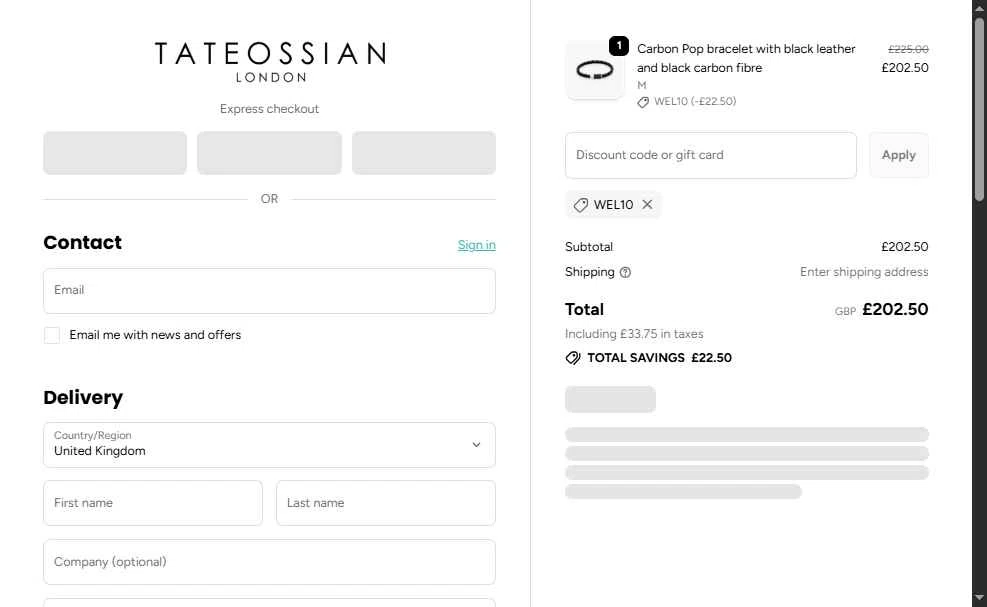 Tateossian London checkout page showing Tateossian London promo code box | Screenshot taken by SimplyCodes community member on Dec 4, 2025