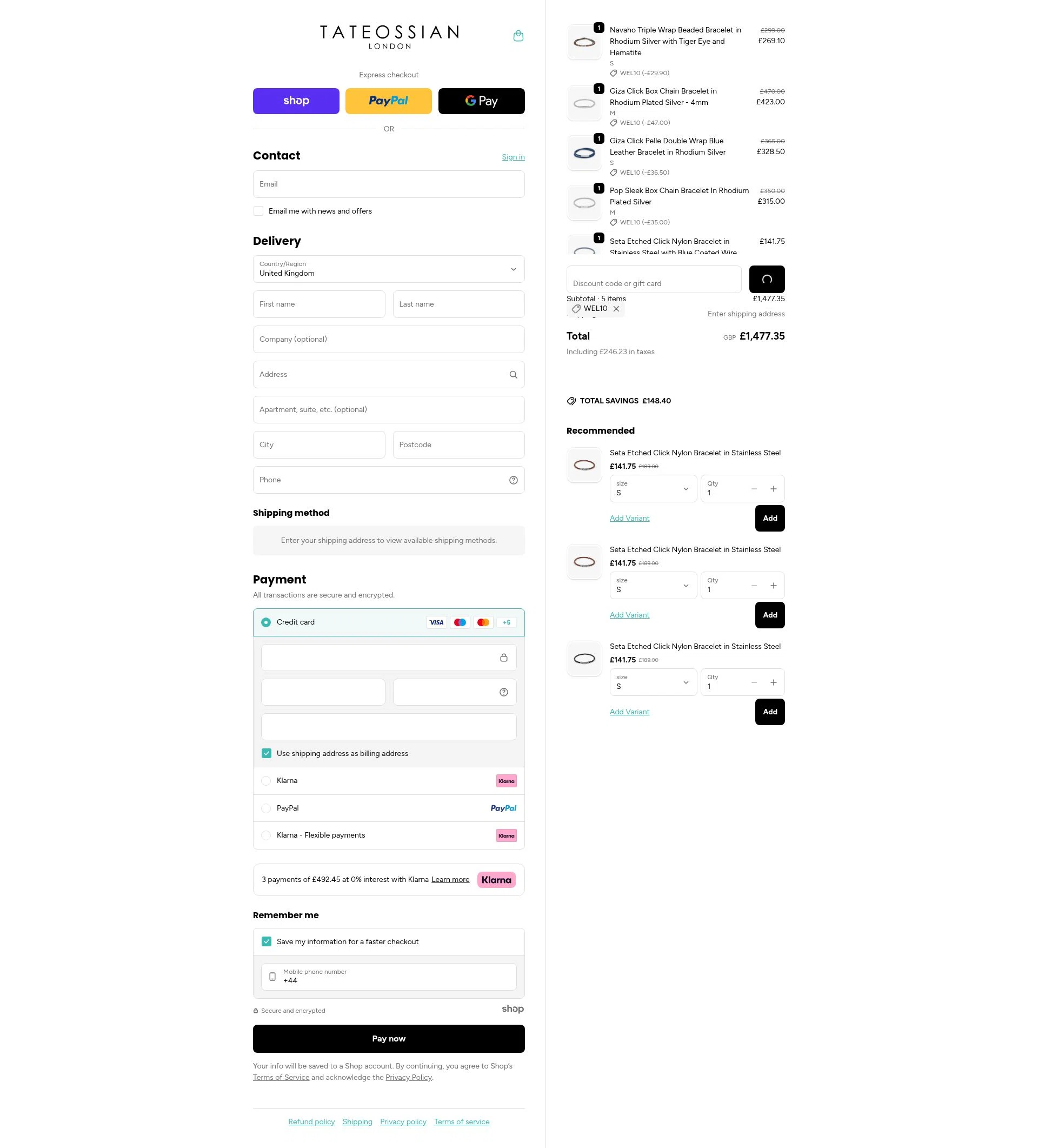 Tateossian London checkout page showing Tateossian London promo code box | Screenshot taken by SimplyCodes community member on Dec 24, 2025