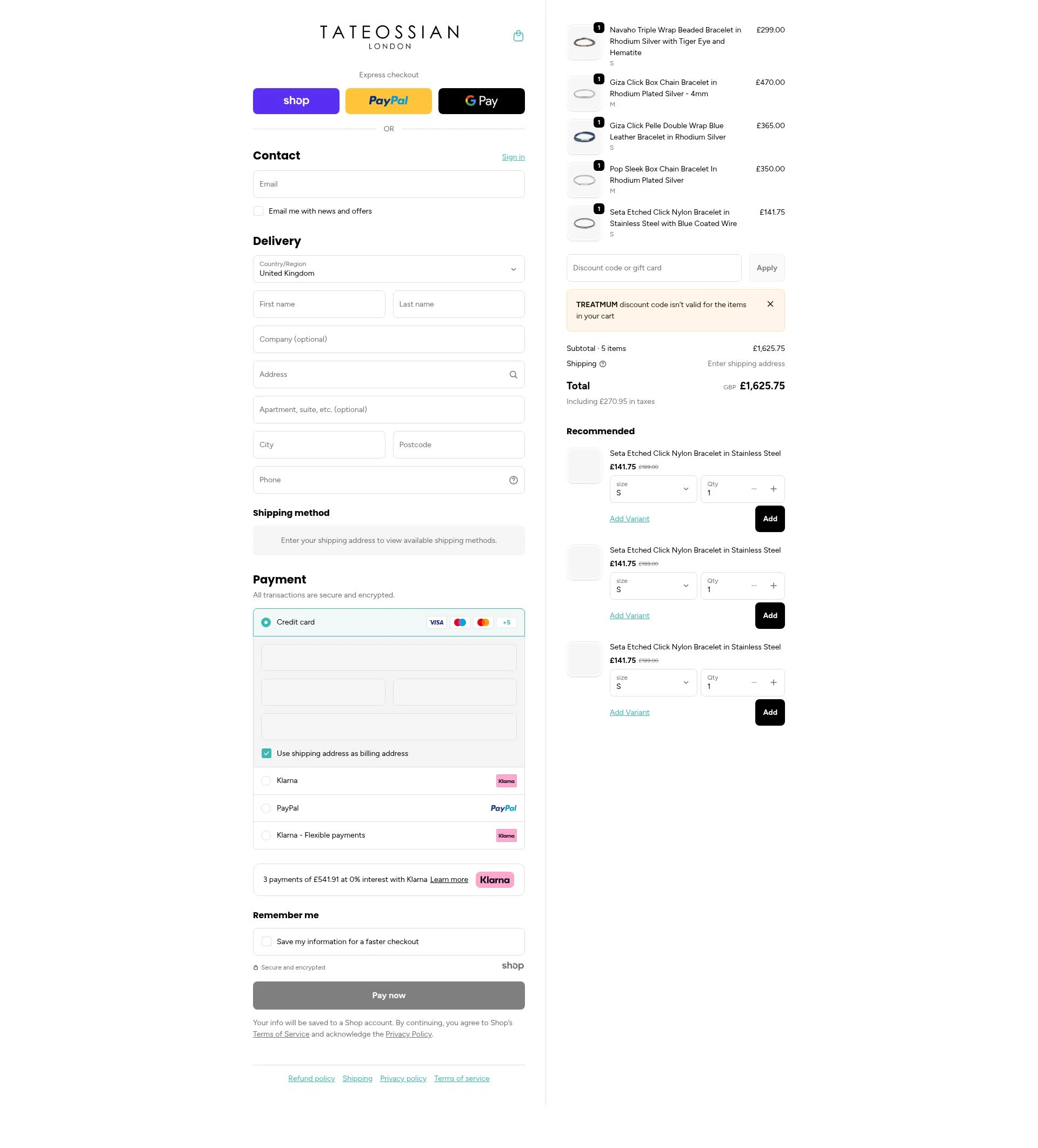 Tateossian London checkout page showing Tateossian London promo code box | Screenshot taken by SimplyCodes community member on Dec 24, 2025
