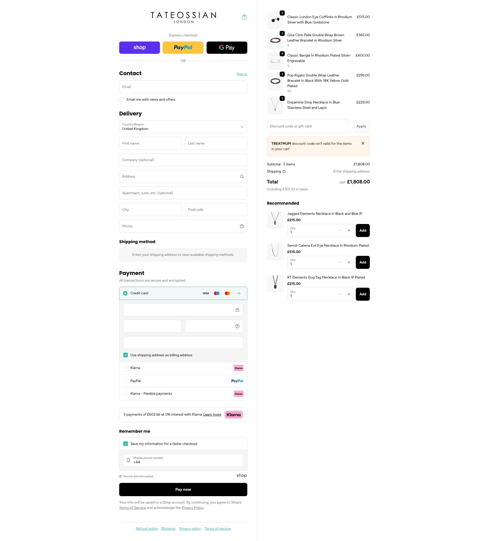 Tateossian London checkout page showing Tateossian London promo code box | Screenshot taken by SimplyCodes community member on Dec 17, 2025
