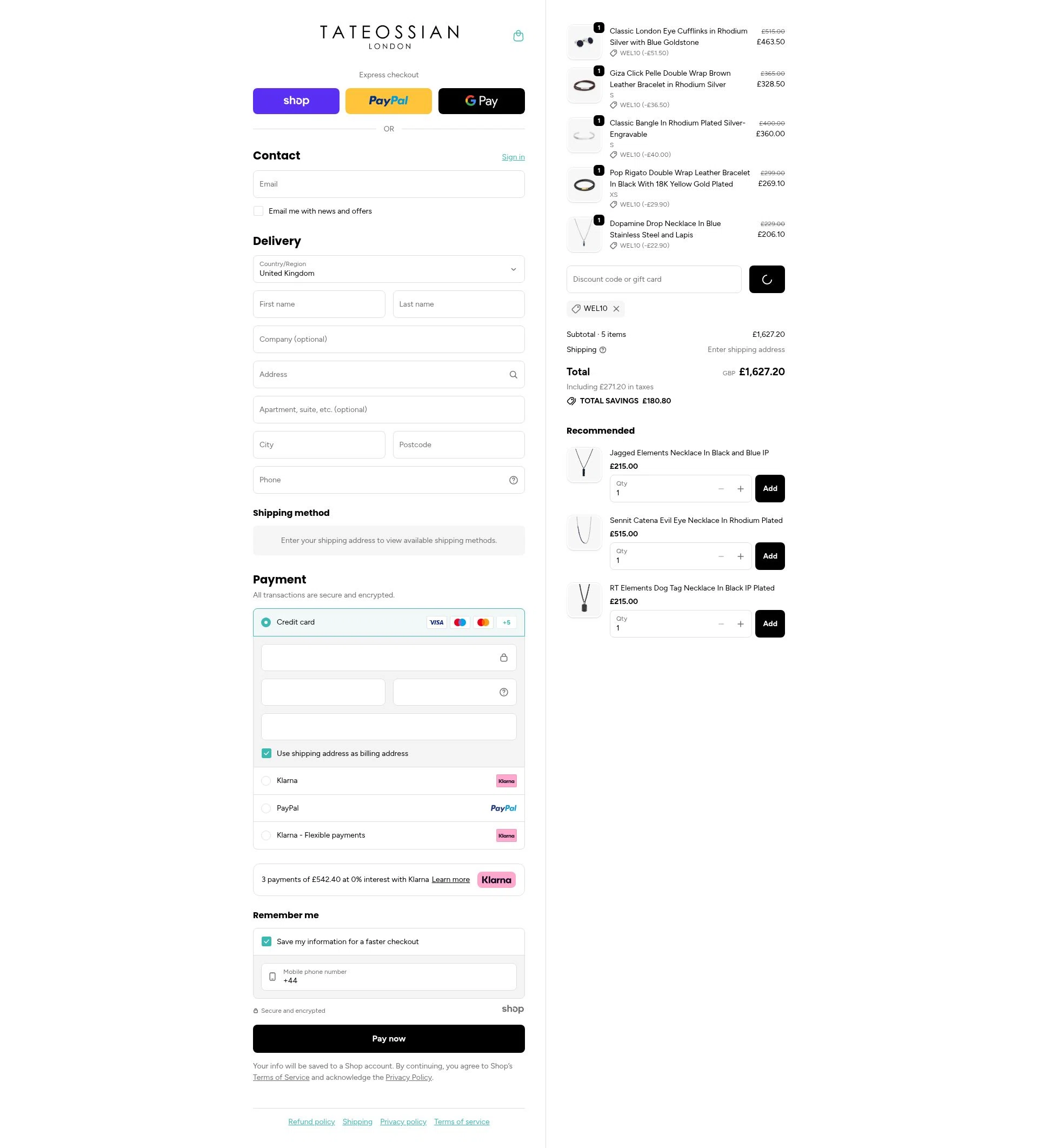 Tateossian London checkout page showing Tateossian London promo code box | Screenshot taken by SimplyCodes community member on Dec 17, 2025