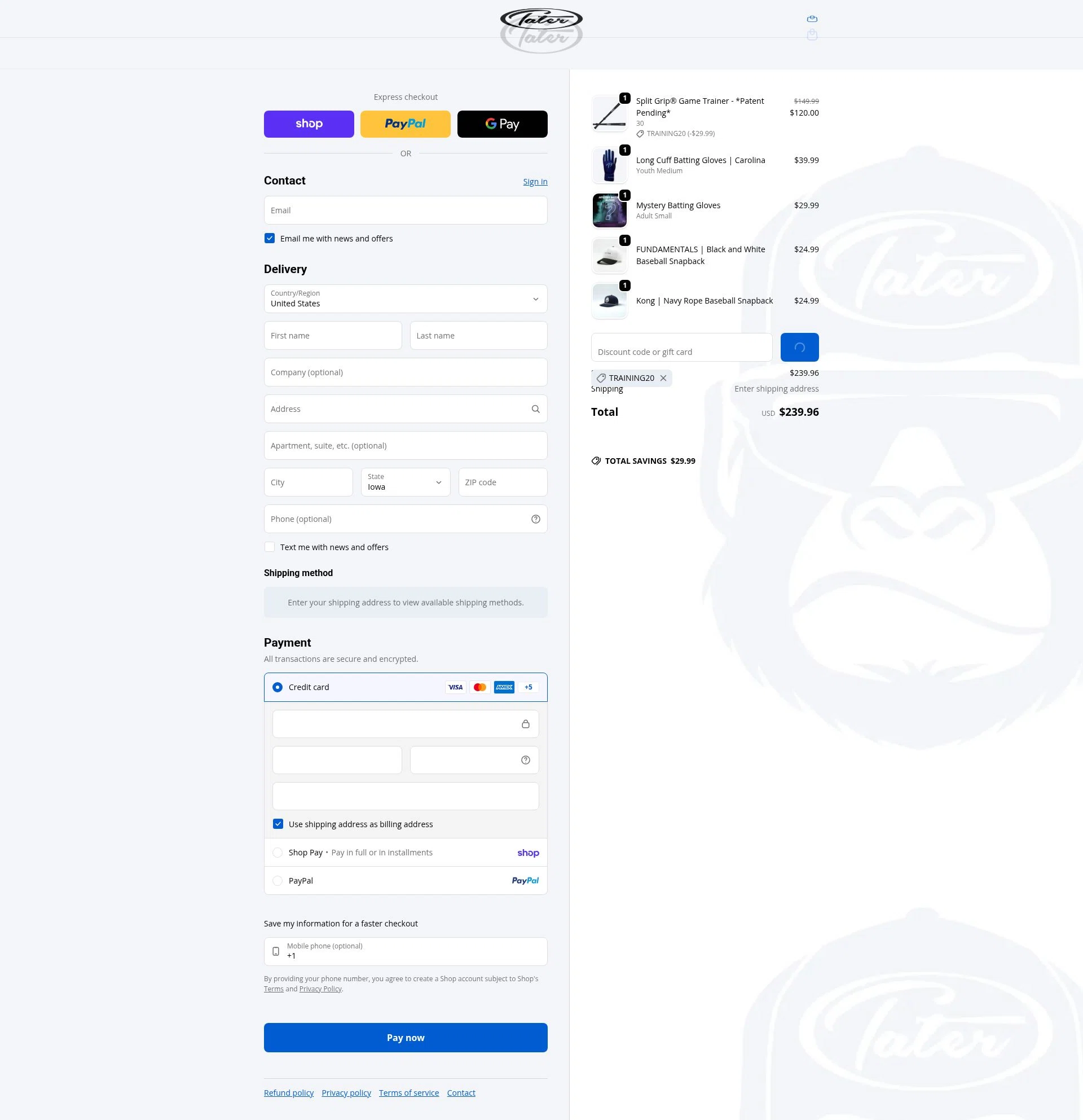 Tater Baseball checkout page showing Tater Baseball discount code box | Screenshot taken by SimplyCodes community member on Feb 14, 2026