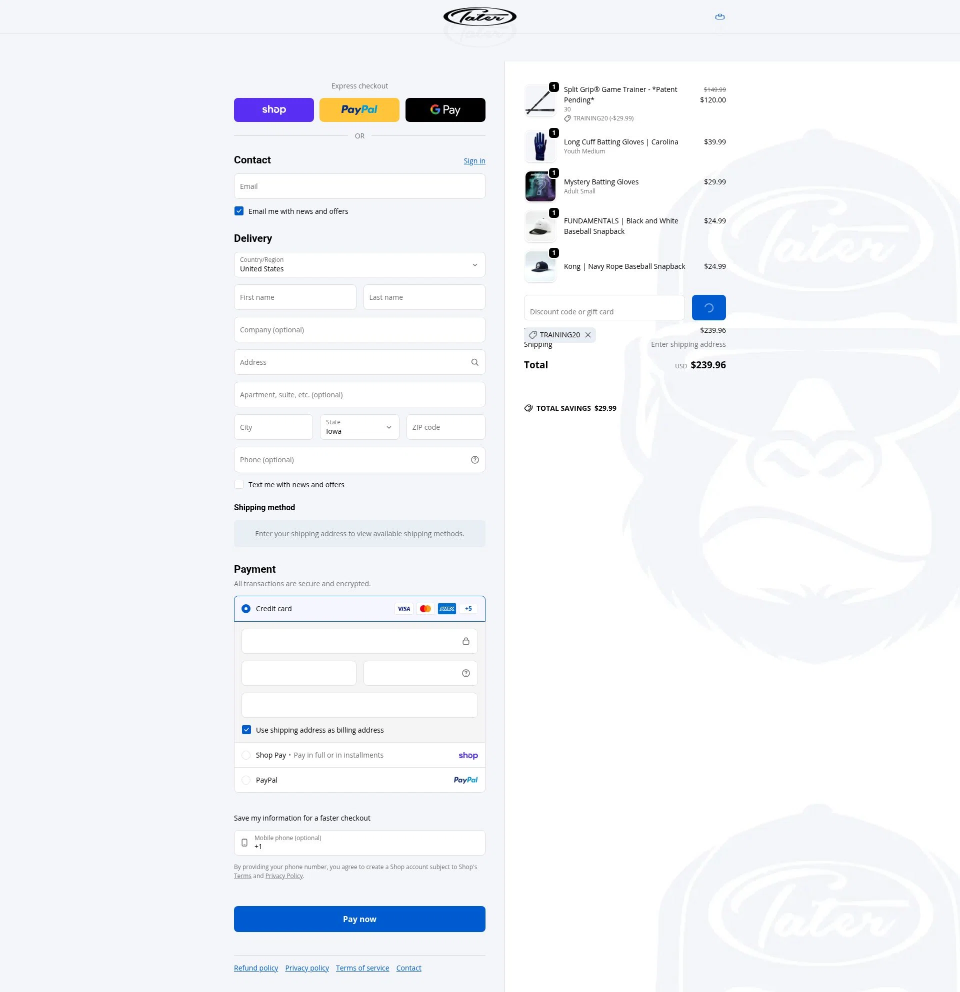 Tater Baseball checkout page showing Tater Baseball discount code box | Screenshot taken by SimplyCodes community member on Feb 10, 2026