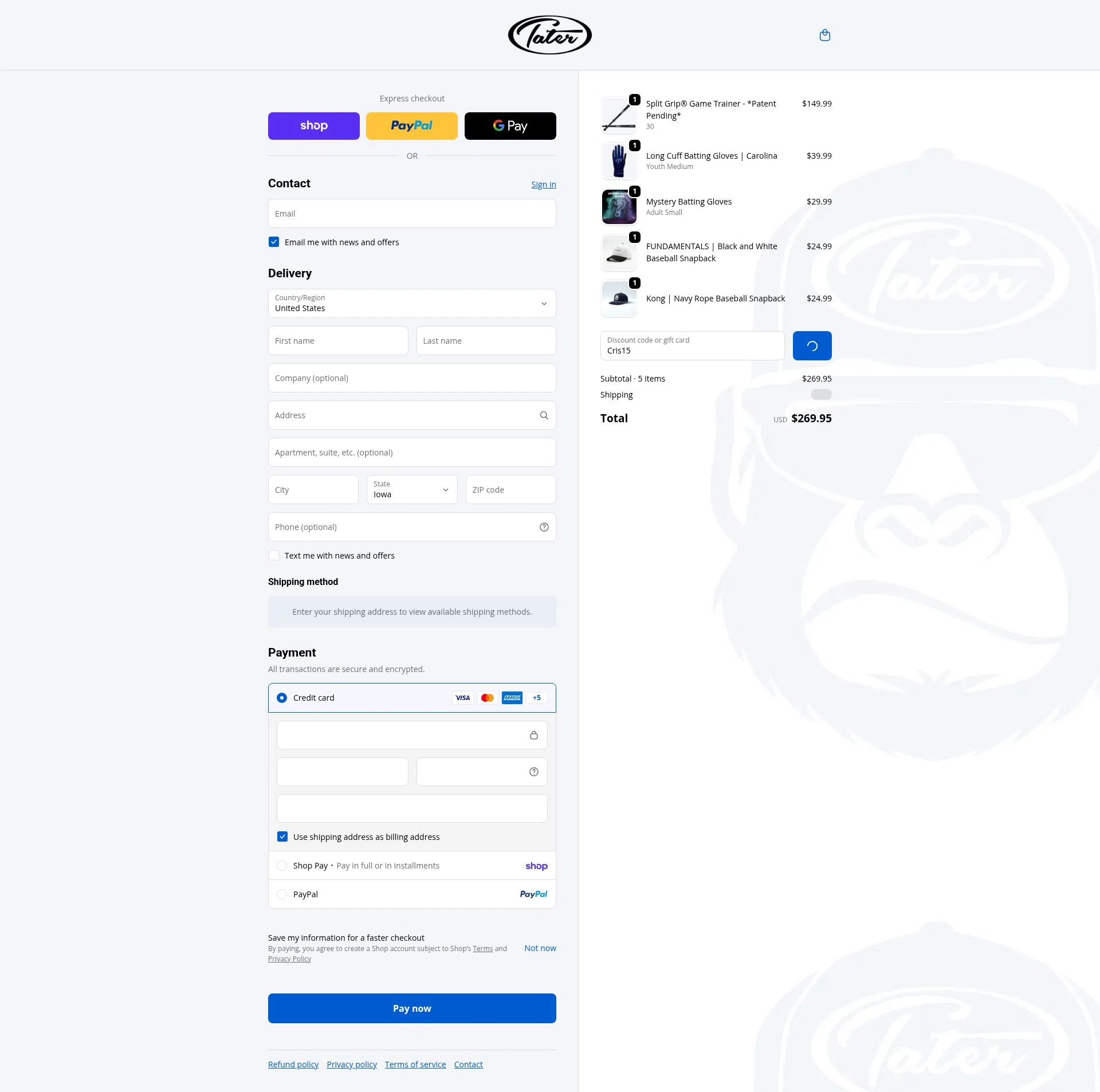 Tater Baseball checkout page showing Tater Baseball discount code box | Screenshot taken by SimplyCodes community member on Feb 19, 2026