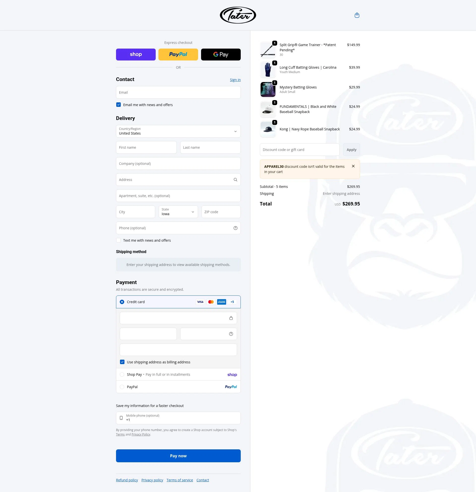 Tater Baseball checkout page showing Tater Baseball discount code box | Screenshot taken by SimplyCodes community member on Feb 12, 2026