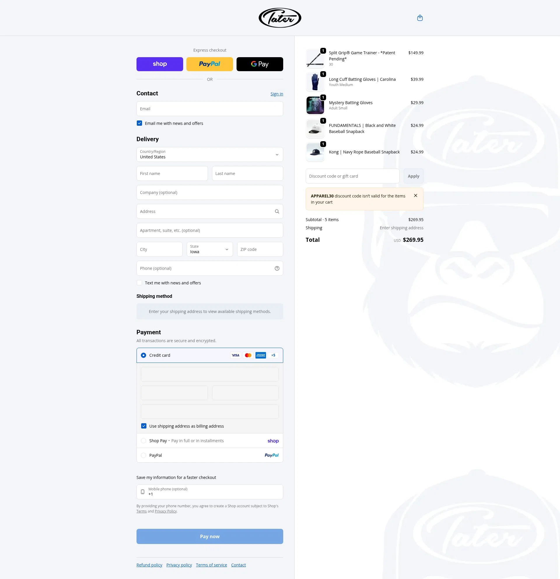 Tater Baseball checkout page showing Tater Baseball discount code box | Screenshot taken by SimplyCodes community member on Feb 10, 2026