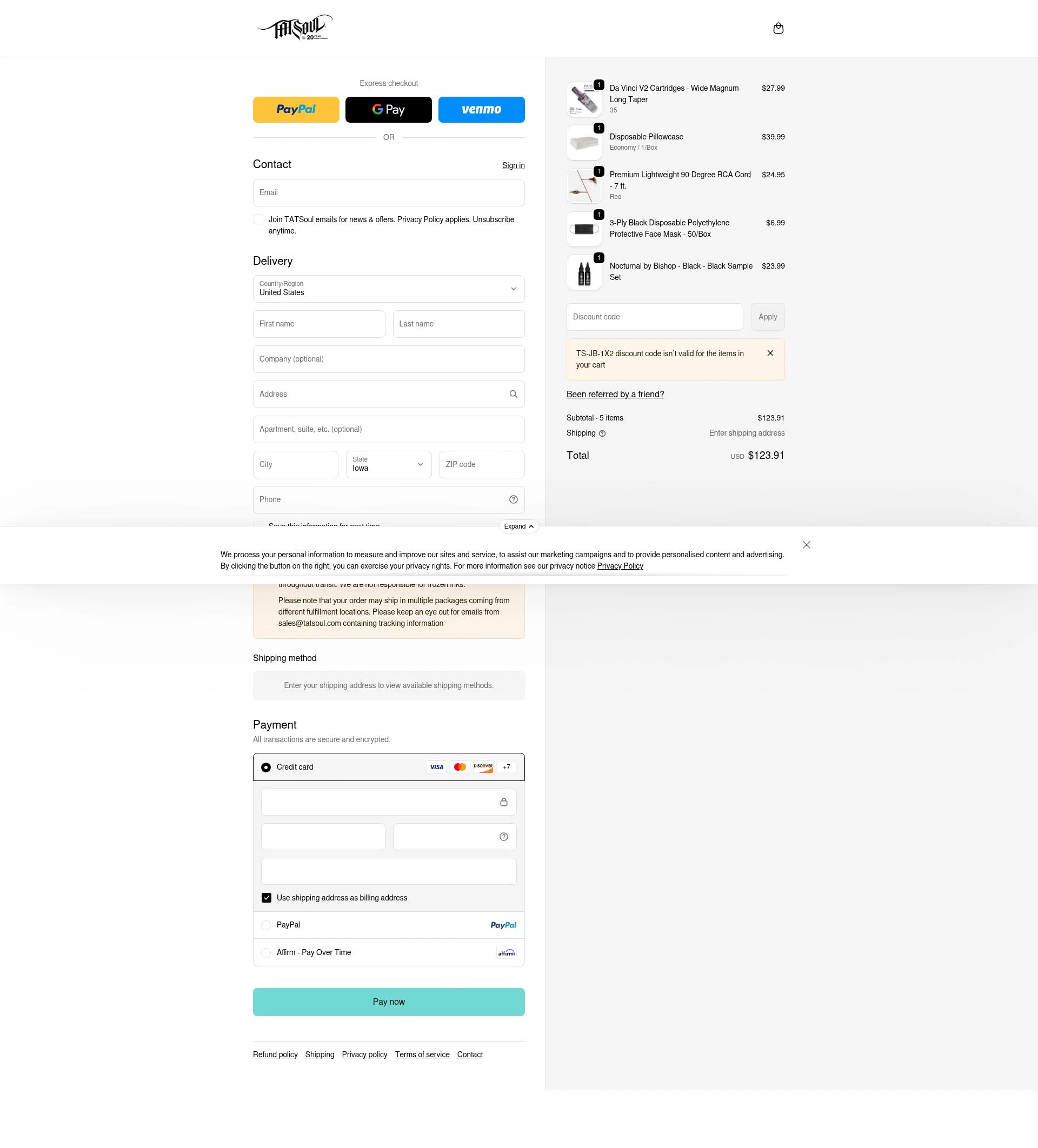 TATSoul checkout page showing TATSoul discount code box | Screenshot taken by SimplyCodes community member on Feb 14, 2026