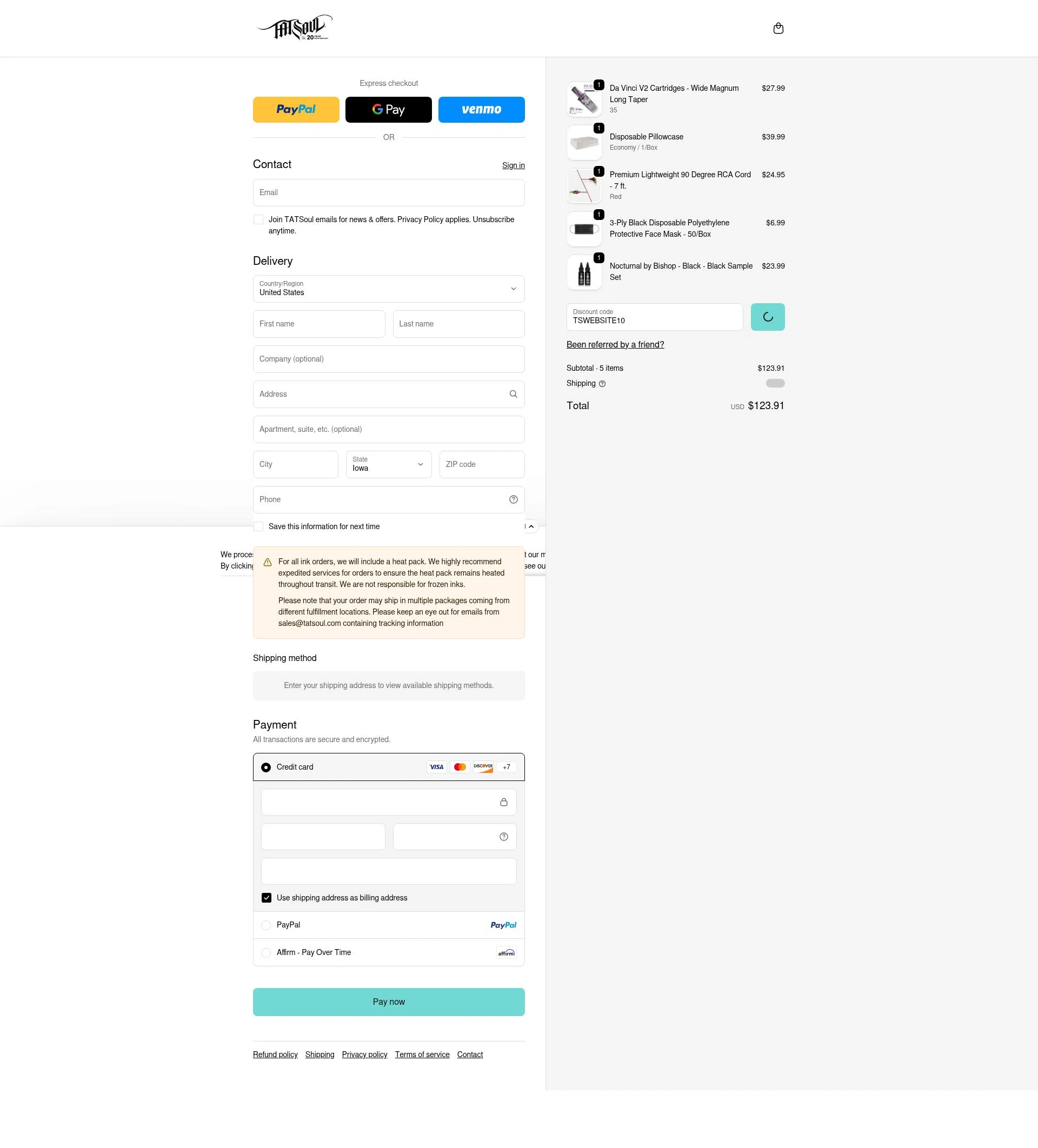 TATSoul checkout page showing TATSoul discount code box | Screenshot taken by SimplyCodes community member on Feb 14, 2026
