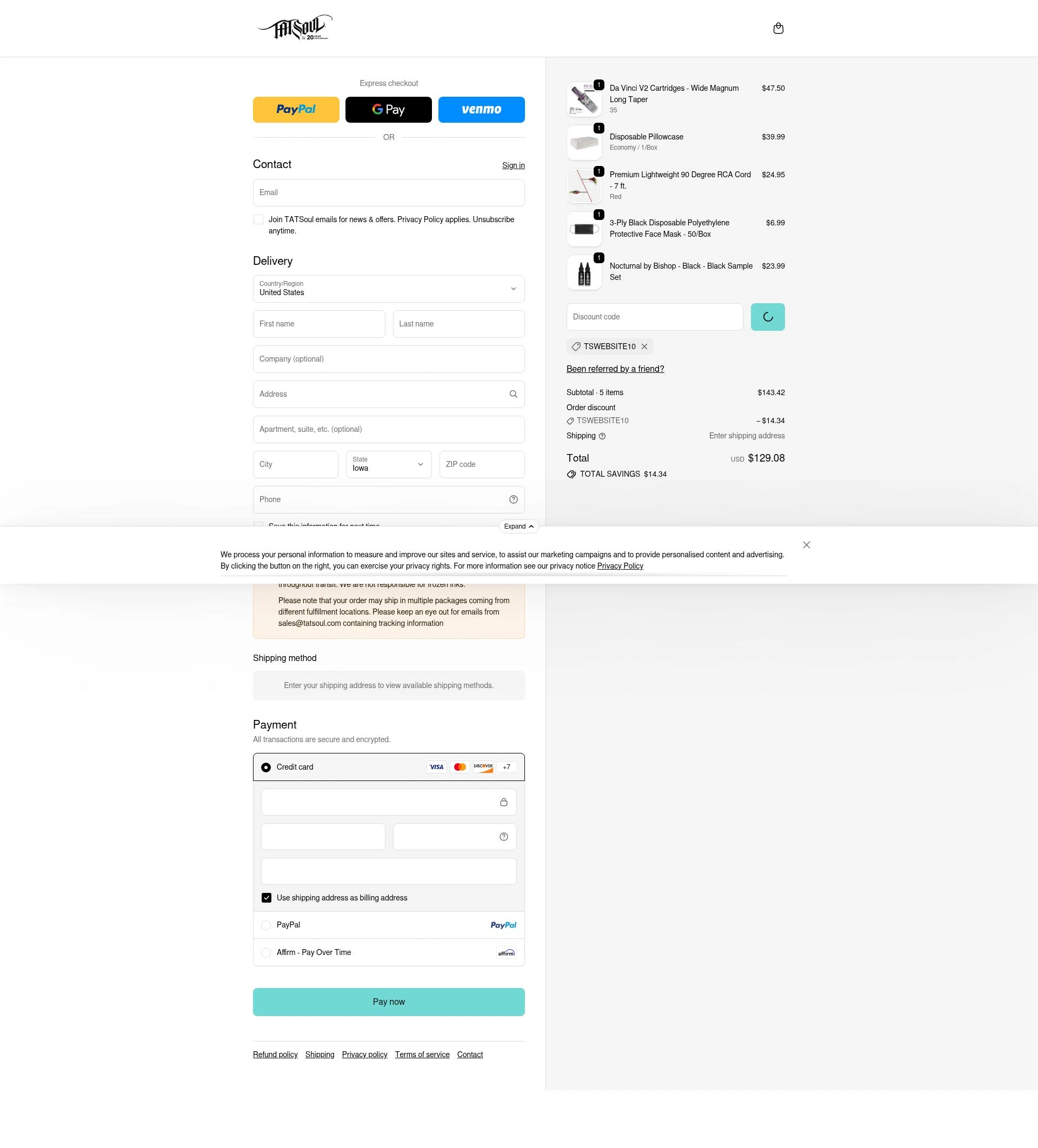 TATSoul checkout page showing TATSoul discount code box | Screenshot taken by SimplyCodes community member on Feb 18, 2026