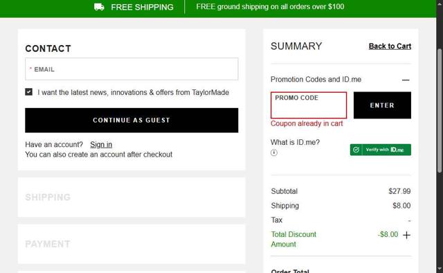 Taylormade Golf checkout page showing Taylormade Golf promo code box | Screenshot taken by SimplyCodes community member on Jul 23, 2025