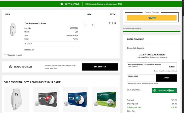 Taylormade Golf checkout page showing Taylormade Golf promo code box | Screenshot taken by SimplyCodes community member on Jul 10, 2025