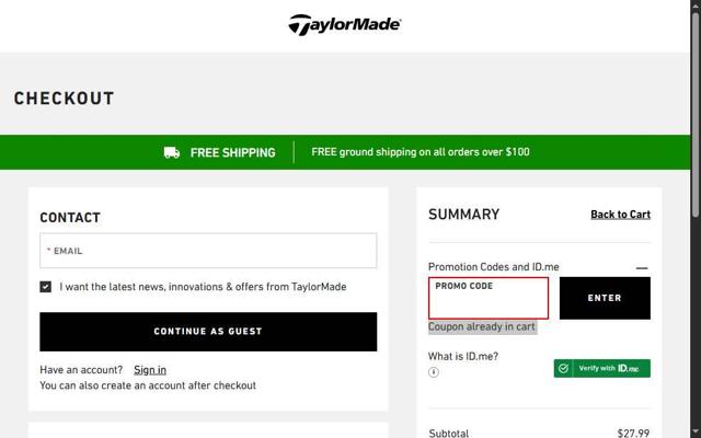 Taylormade Golf checkout page showing Taylormade Golf promo code box | Screenshot taken by SimplyCodes community member on Jul 23, 2025