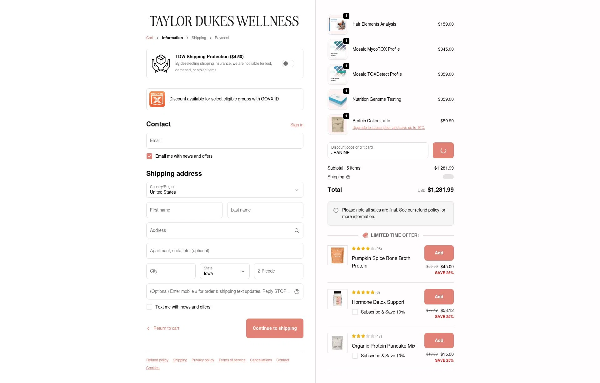 Taylor Dukes Wellness checkout page showing Taylor Dukes Wellness discount code box | Screenshot taken by SimplyCodes community member on Feb 4, 2026