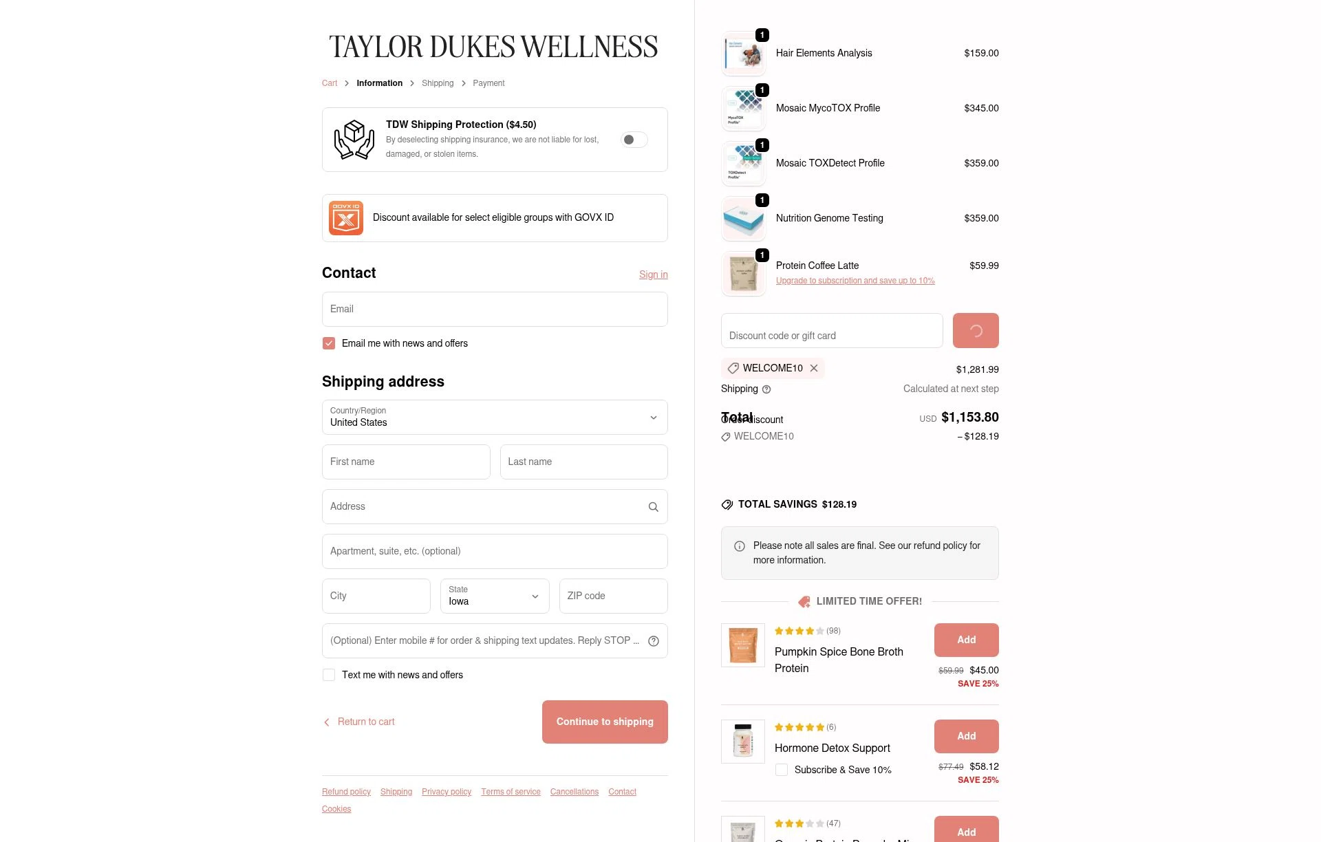 Taylor Dukes Wellness checkout page showing Taylor Dukes Wellness discount code box | Screenshot taken by SimplyCodes community member on Feb 4, 2026