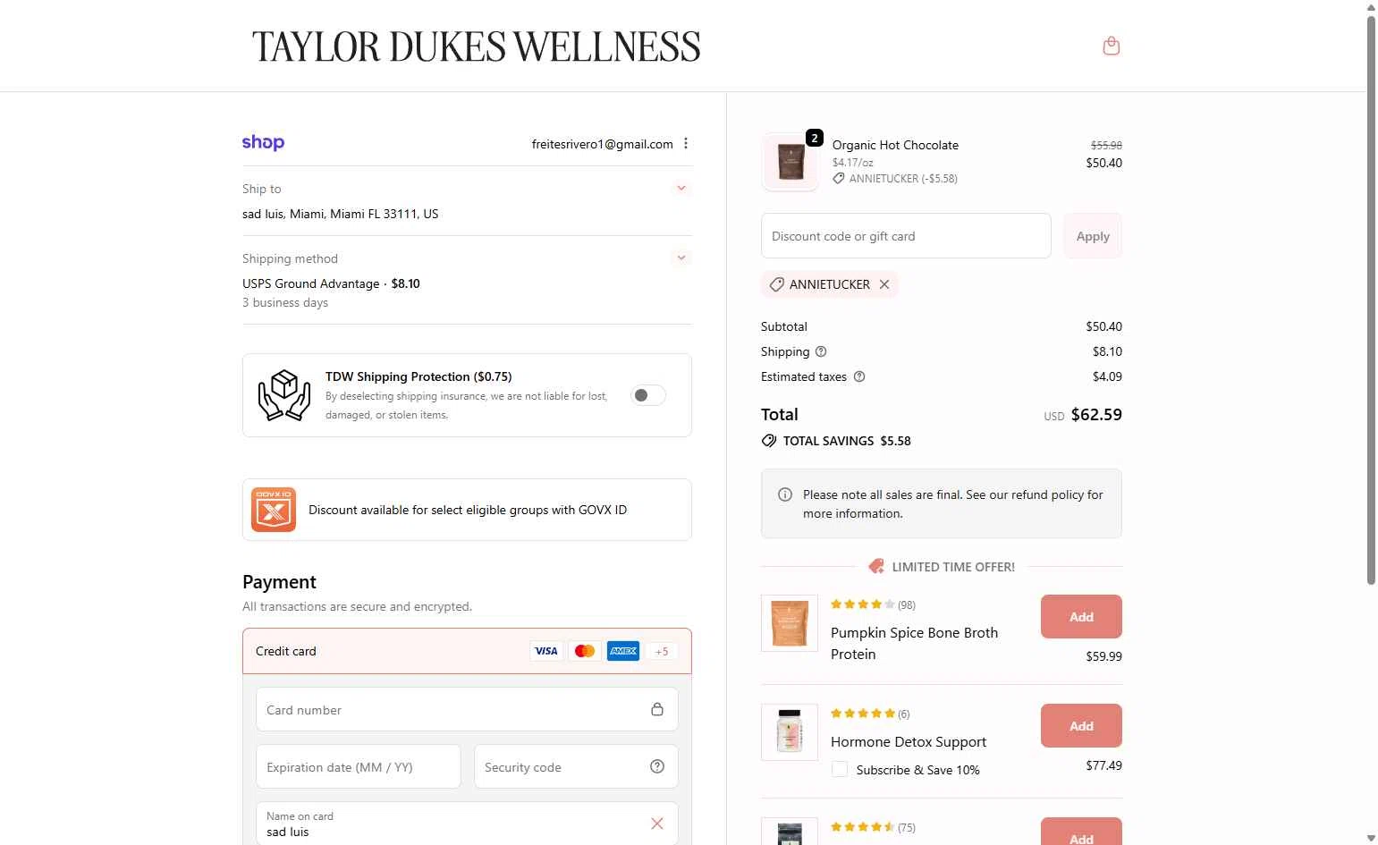 Taylor Dukes Wellness checkout page showing Taylor Dukes Wellness discount code box | Screenshot taken by SimplyCodes community member on Feb 9, 2026