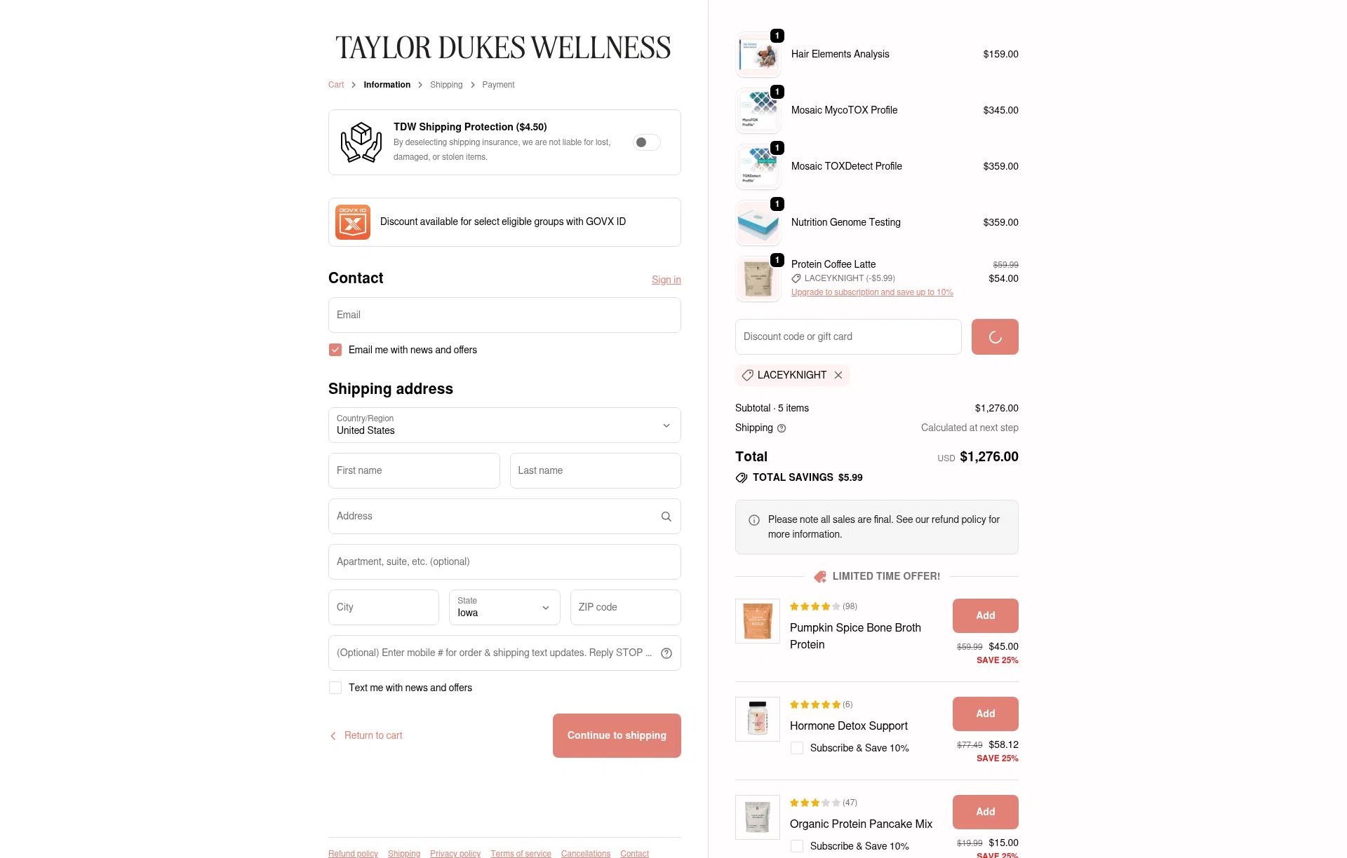 Taylor Dukes Wellness checkout page showing Taylor Dukes Wellness discount code box | Screenshot taken by SimplyCodes community member on Feb 4, 2026
