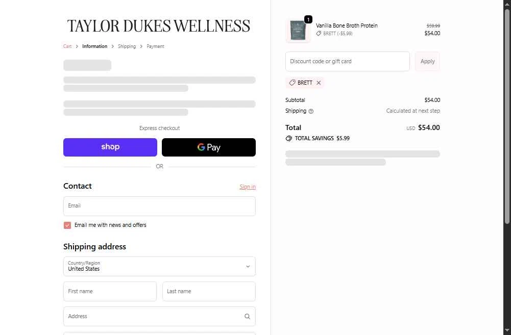 Taylor Dukes Wellness checkout page showing Taylor Dukes Wellness discount code box | Screenshot taken by SimplyCodes community member on Feb 4, 2026