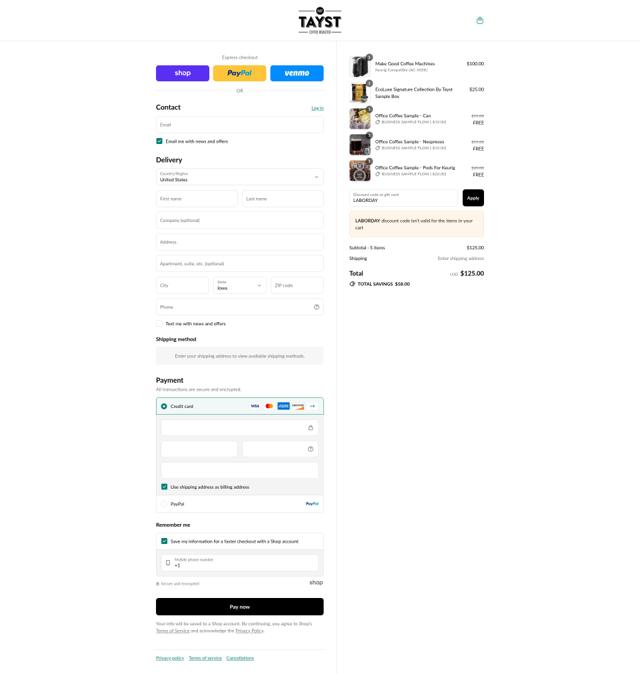 Tayst Coffee checkout page showing Tayst Coffee promo code box | Screenshot taken by SimplyCodes community member on Sep 7, 2025