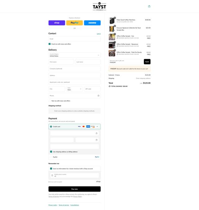 Tayst Coffee checkout page showing Tayst Coffee promo code box | Screenshot taken by SimplyCodes community member on Sep 7, 2025