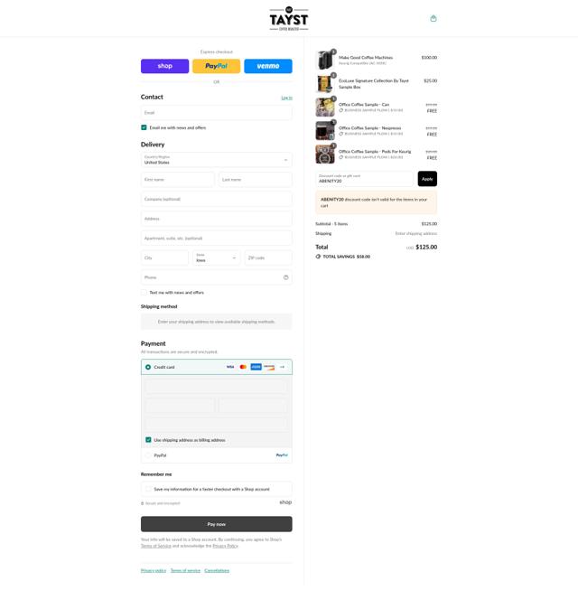 Tayst Coffee checkout page showing Tayst Coffee promo code box | Screenshot taken by SimplyCodes community member on Sep 7, 2025