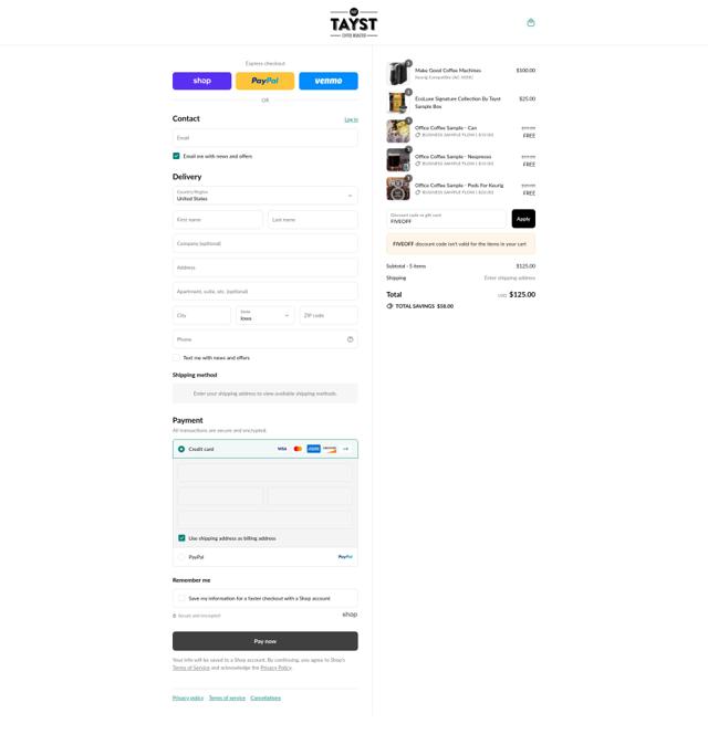 Tayst Coffee checkout page showing Tayst Coffee promo code box | Screenshot taken by SimplyCodes community member on Sep 3, 2025