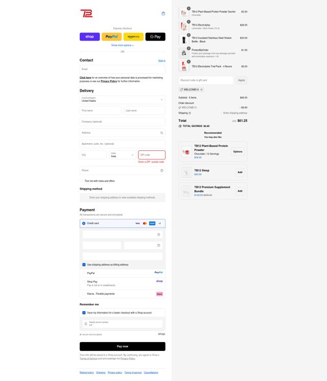 TB12 checkout page showing TB12 discount code box | Screenshot taken by SimplyCodes community member on Sep 10, 2025