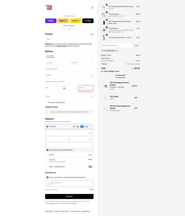 TB12 checkout page showing TB12 discount code box | Screenshot taken by SimplyCodes community member on Sep 6, 2025