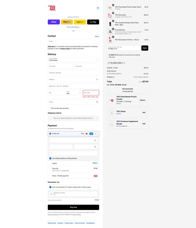 TB12 checkout page showing TB12 discount code box | Screenshot taken by SimplyCodes community member on Sep 10, 2025