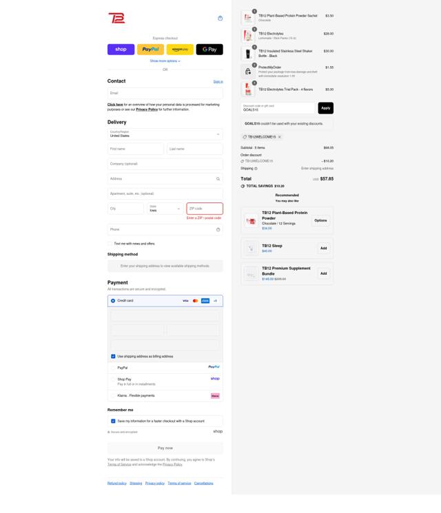 TB12 checkout page showing TB12 discount code box | Screenshot taken by SimplyCodes community member on Sep 10, 2025