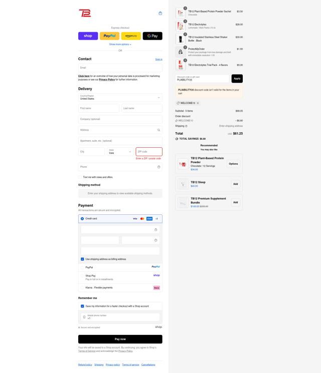 TB12 checkout page showing TB12 discount code box | Screenshot taken by SimplyCodes community member on Sep 10, 2025