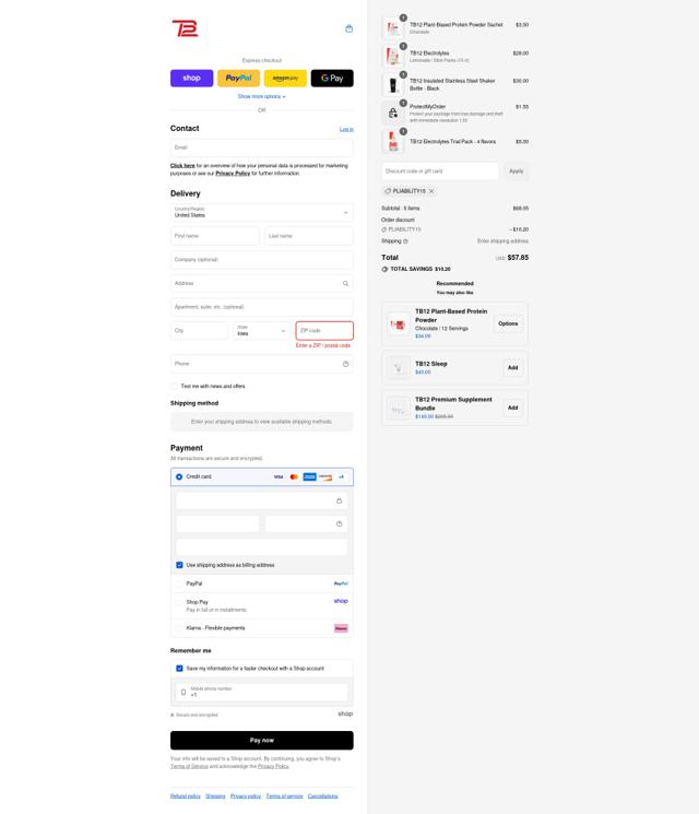 TB12 checkout page showing TB12 discount code box | Screenshot taken by SimplyCodes community member on Sep 6, 2025