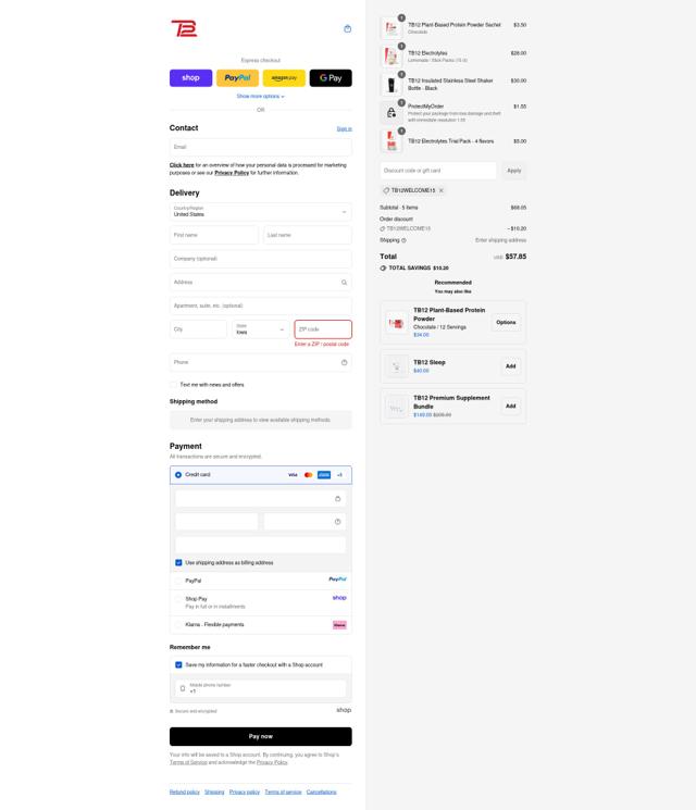 TB12 checkout page showing TB12 discount code box | Screenshot taken by SimplyCodes community member on Sep 10, 2025