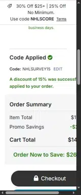 NHLSURVEY15 coupon verification screenshot
